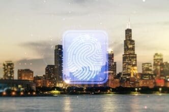 Abstract hologram of a virtual fingerprint over a blurred Chicago skyline.
