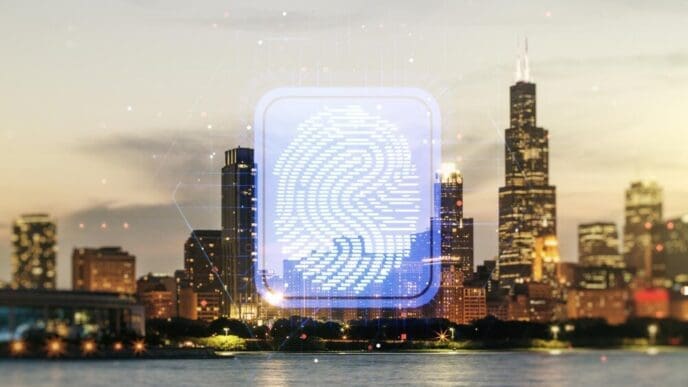 Abstract hologram of a virtual fingerprint over a blurred Chicago skyline.