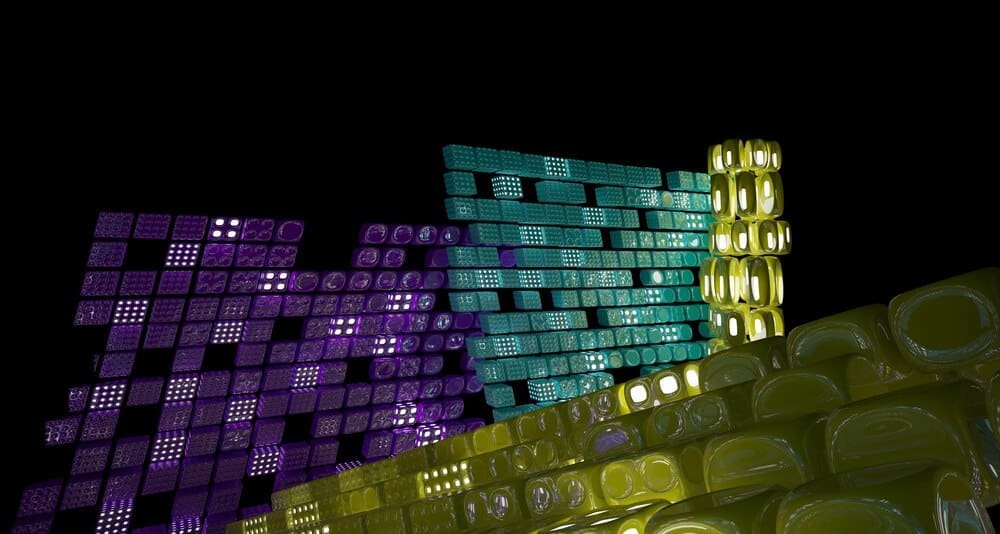 3D rendering of a multilevel public space with a white and colored gradient glass interior and windows.