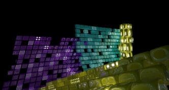 3D rendering of an abstract multilevel public space with a white and colored gradient glass interior and windows.
