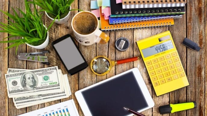 A desk holds office supplies like a laptop, pens, and a notebook.