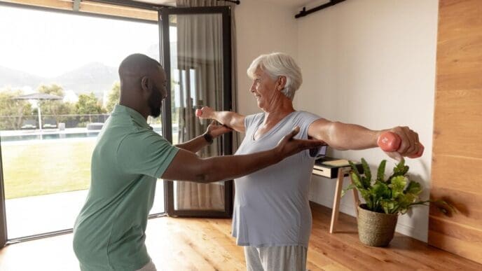 An African American male physiotherapist assists a Caucasian senior woman with dumbbell exercises.