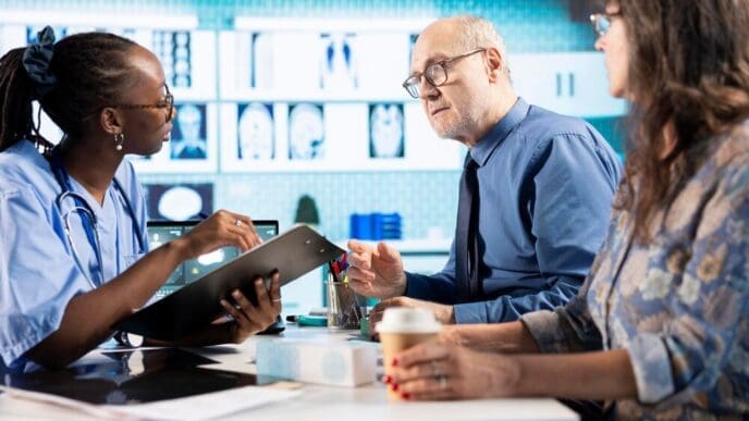 An African American medical assistant reviews patient records during a checkup.