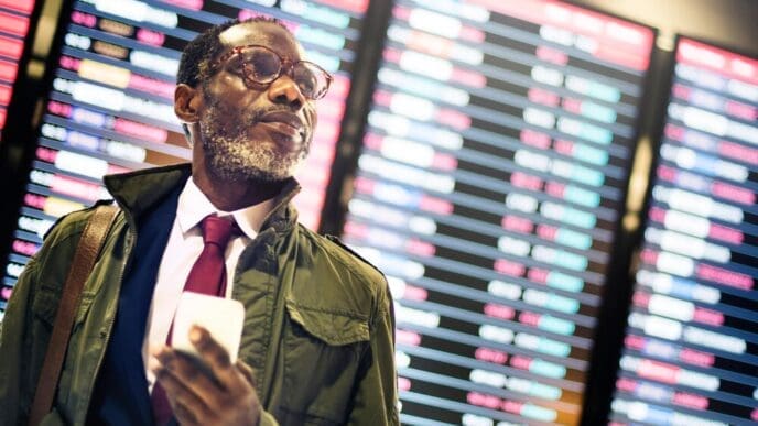 A Black businessman in a suit looks at his wristwatch, possibly indicating he is waiting or concerned about the time.