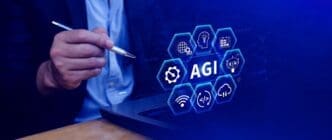 A digital illustration depicts the concept of artificial general intelligence, showcasing the integration of humans and AI with technology.