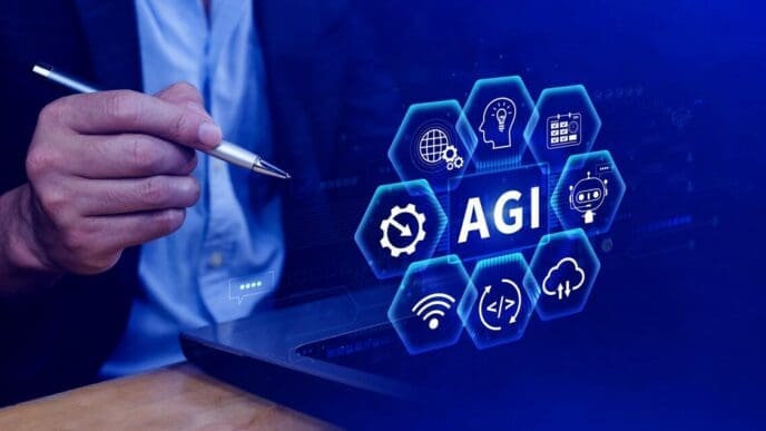 A digital illustration depicts the concept of artificial general intelligence, showcasing the integration of humans and AI with technology.