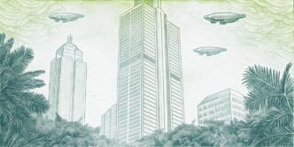 Two airships float above a cityscape.