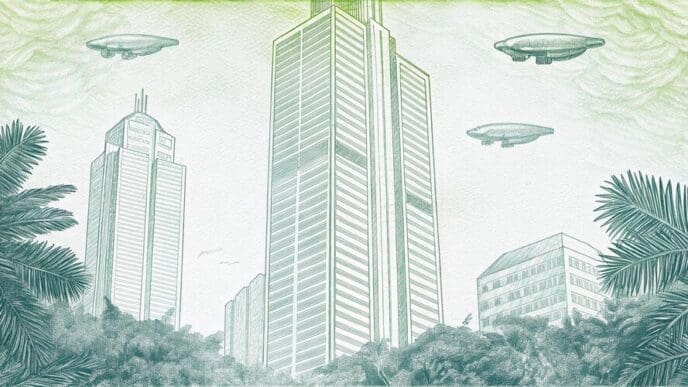 Two airships float above a cityscape.