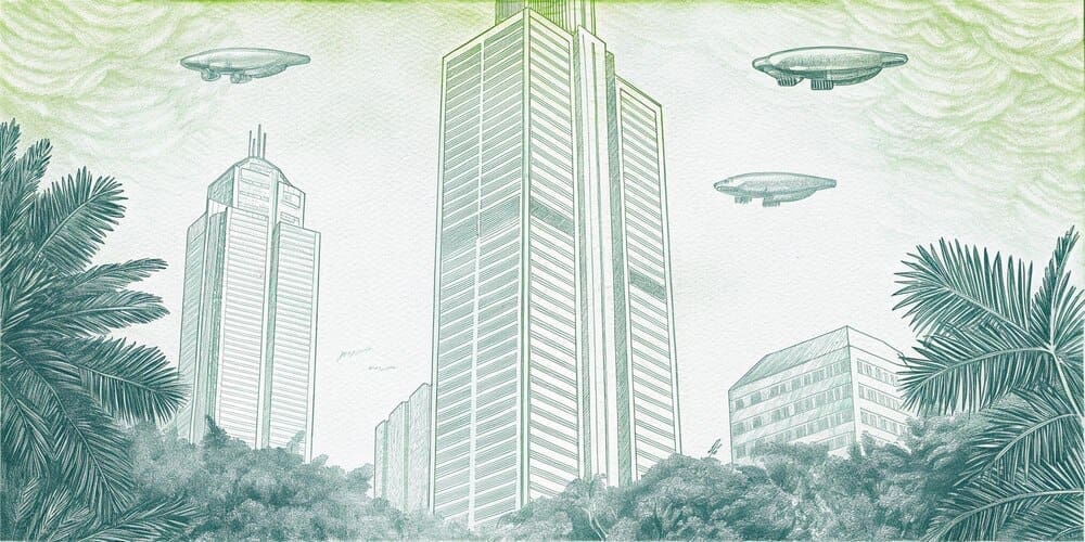 Two airships float above a cityscape.