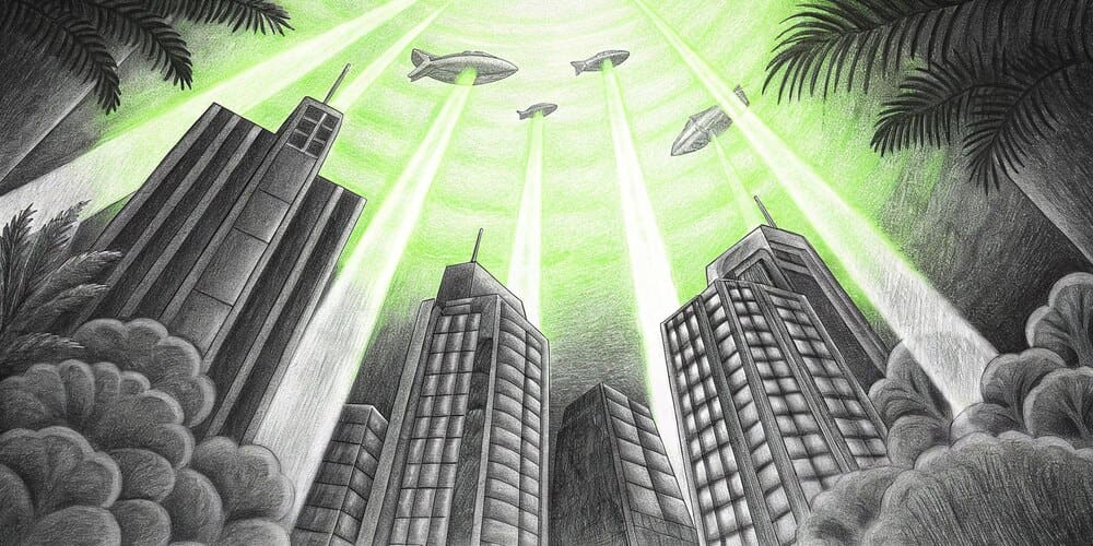 An alien spaceship hovers over a city, possibly launching an attack.