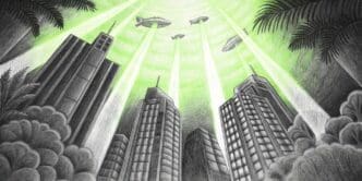 A large alien spaceship hovers over a city skyline, suggesting an impending invasion.