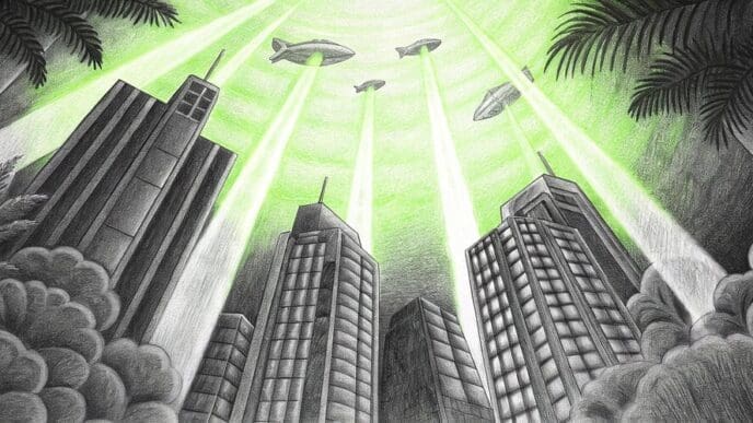 A large alien spaceship hovers over a city skyline, suggesting an impending invasion.