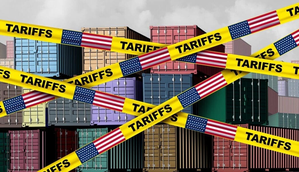 A 3D illustration depicts a concept of American tariffs, taxation, and trade war policies, likely showing duties on imported and exported goods as a form of protectionism.