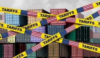 A 3D illustration depicts a concept of American tariffs, taxation, and trade war policies, likely showing duties on imported and exported goods as a form of protectionism.