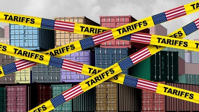 A 3D illustration depicts a concept of American tariffs, taxation, and trade war policies, likely showing duties on imported and exported goods as a form of protectionism.