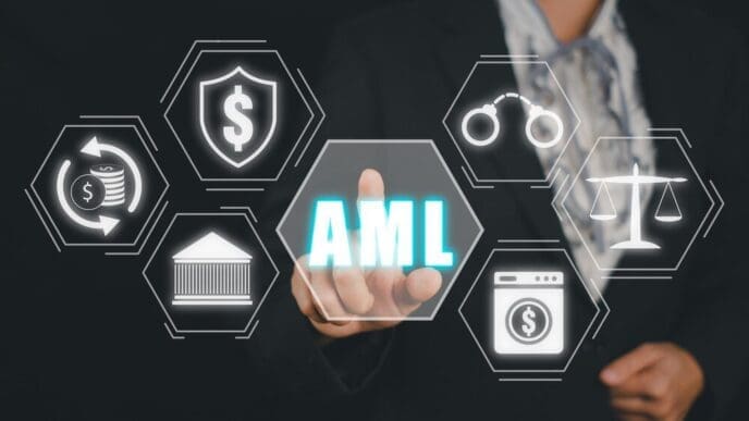 Person's hand presses a virtual button displaying an AML (Anti-Money Laundering) icon on a screen.