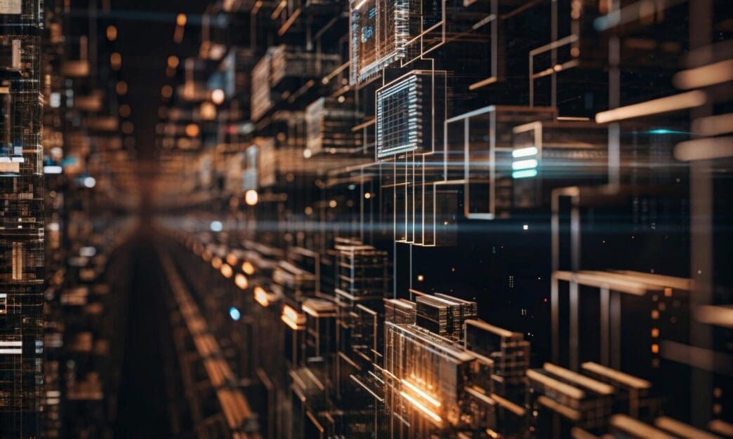 Abstract visualization of data as a dynamic, three-dimensional arrangement of cubes and light.