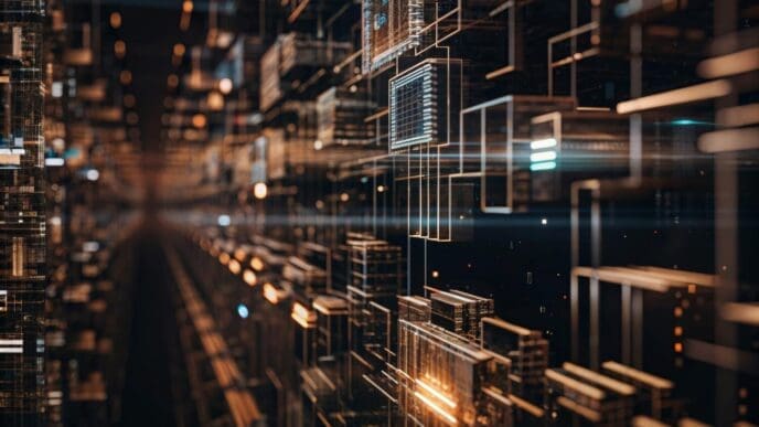 Abstract visualization of data as a dynamic, three-dimensional arrangement of cubes and light.