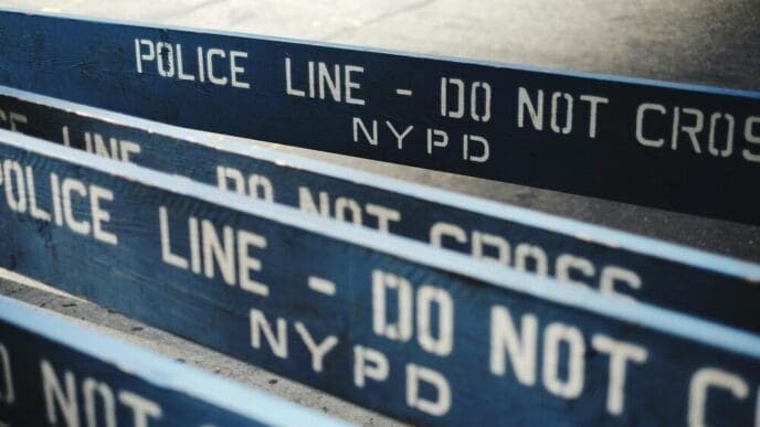 Barricades with text are set up on a street.