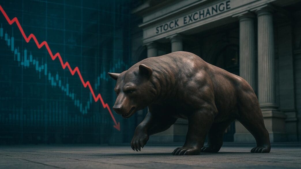 A visual of a bear-shaped graphic overlaid on a downward-trending stock chart with red indicators.