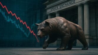 A bear graphic is superimposed on a downward-trending stock chart with red indicators.