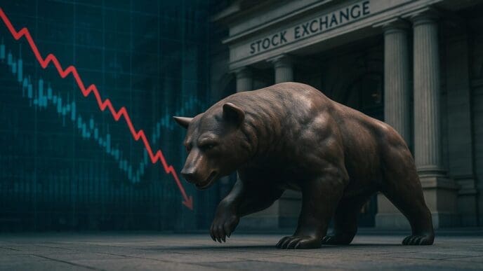A bear graphic is superimposed on a downward-trending stock chart with red indicators.