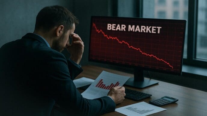 A bear graphic superimposed on a downward-trending stock chart with red indicators.