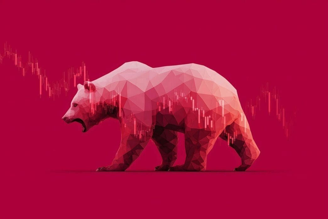 Geometric bear graphic with downtrend charts, representing a bear market.