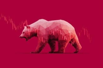 Geometric bear graphic with downtrend charts, representing a bear market.