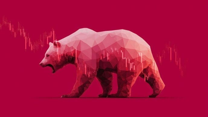 Geometric bear graphic with downtrend charts, representing a bear market.