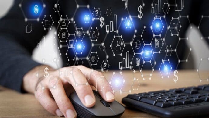 A laptop displays a visualization of a computer, representing a big data technology background.