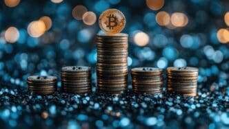 Bitcoin symbol on top of increasing stacks of coins with a blurred, celebratory background.