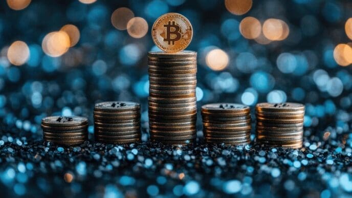 Bitcoin symbol on top of increasing stacks of coins with a blurred, celebratory background.