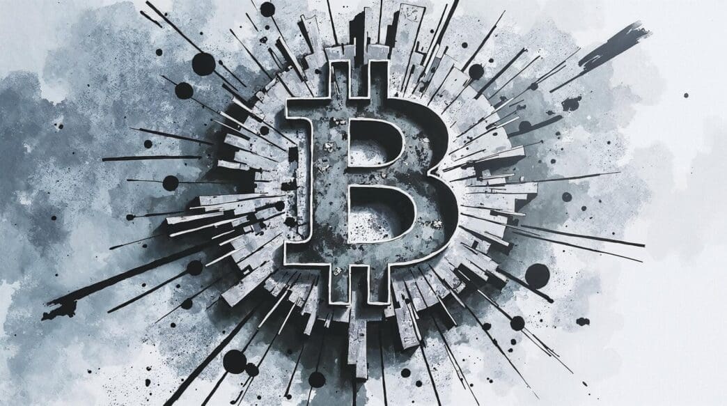 A visual representation of a Bitcoin symbol exploding with digital currency symbols.