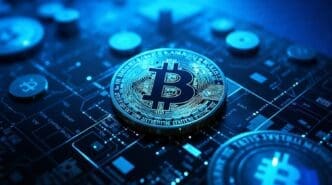 A physical Bitcoin coin rests on a complex circuit board, representing the concept of cryptocurrency.