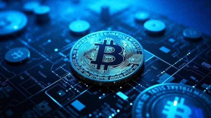 A physical Bitcoin coin rests on a complex circuit board, representing the concept of cryptocurrency.