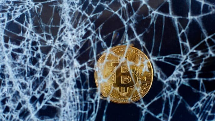 Cracked glass with a Bitcoin logo symbolizes the cryptocurrency's crash and collapse.