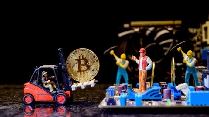 Bitcoin cryptocurrency with gold coins, money, and miniature toys representing blockchain technology.