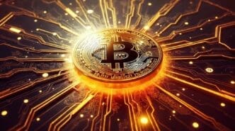 A Bitcoin symbol is displayed on a circuit board.