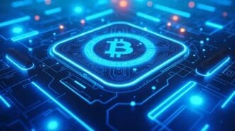 A physical Bitcoin coin rests on a computer circuit board.