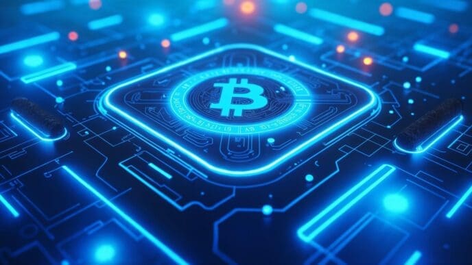 A physical Bitcoin coin rests on a computer circuit board.