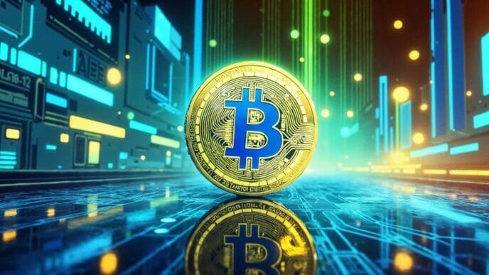A Bitcoin logo glows amidst a futuristic cityscape with neon lights, evoking a cyberpunk aesthetic.