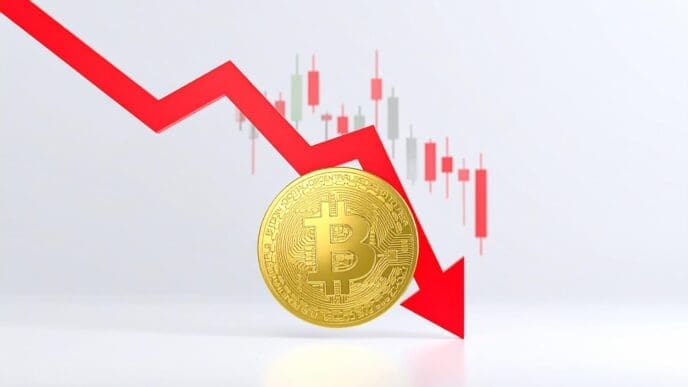 A red downward arrow superimposed on a graph illustrates the declining price of Bitcoin cryptocurrency.