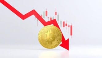 A red downward arrow illustrates the declining price of Bitcoin cryptocurrency.