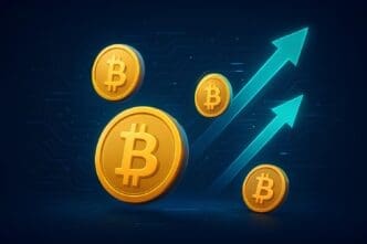 A graph shows an upward trend, representing the increasing value of Bitcoin cryptocurrency.