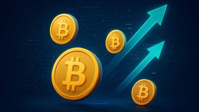 A graph shows an upward trend, representing the increasing value of Bitcoin cryptocurrency.