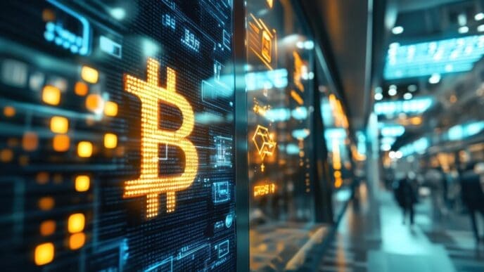 A futuristic screen in a city setting displays the Bitcoin digital currency symbol.
