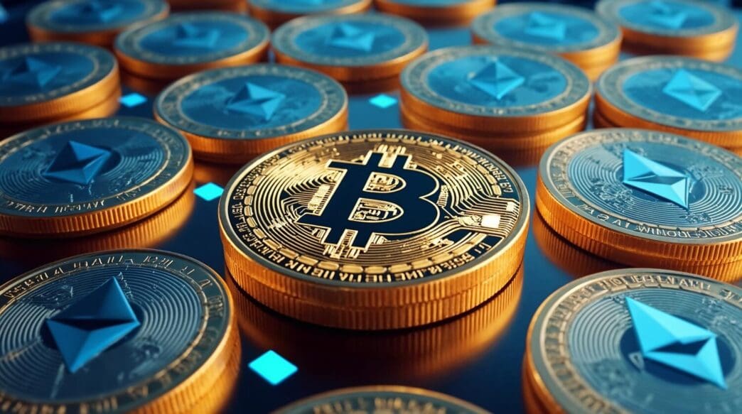 Close-up of Bitcoin and Ethereum cryptocurrency coins.