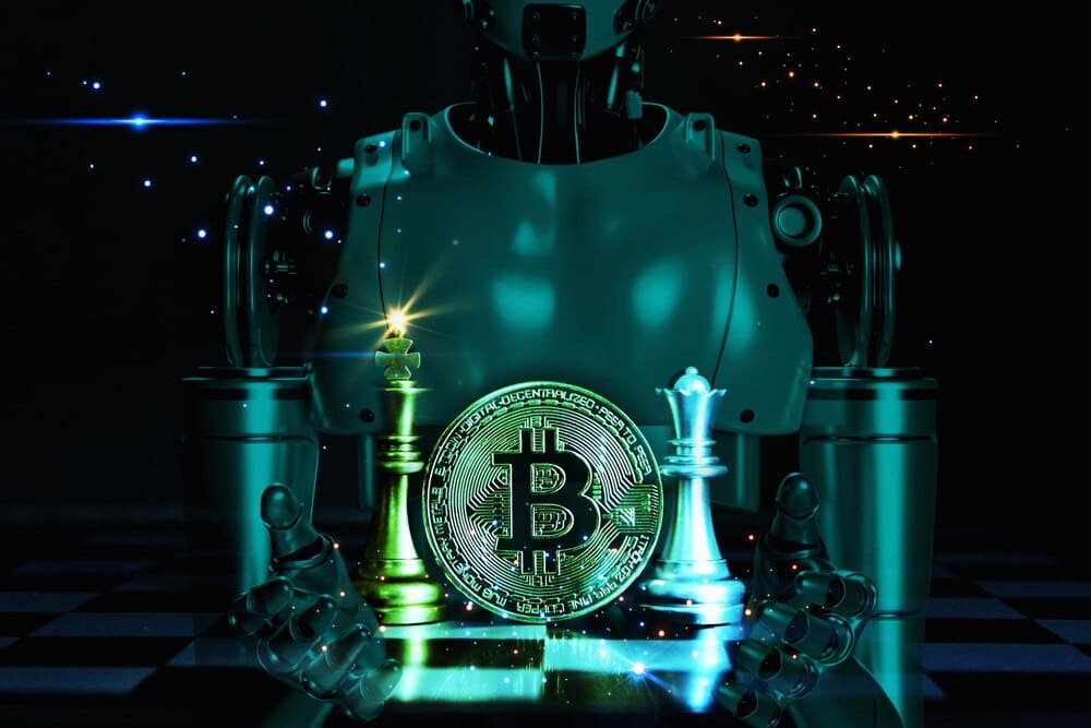 A Bitcoin icon sits between a golden king chess piece and a silver queen chess piece on a board with a robotic glow, symbolizing a business concept.
