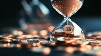 An hourglass filled with Bitcoin symbols represents the investment of time in the cryptocurrency.